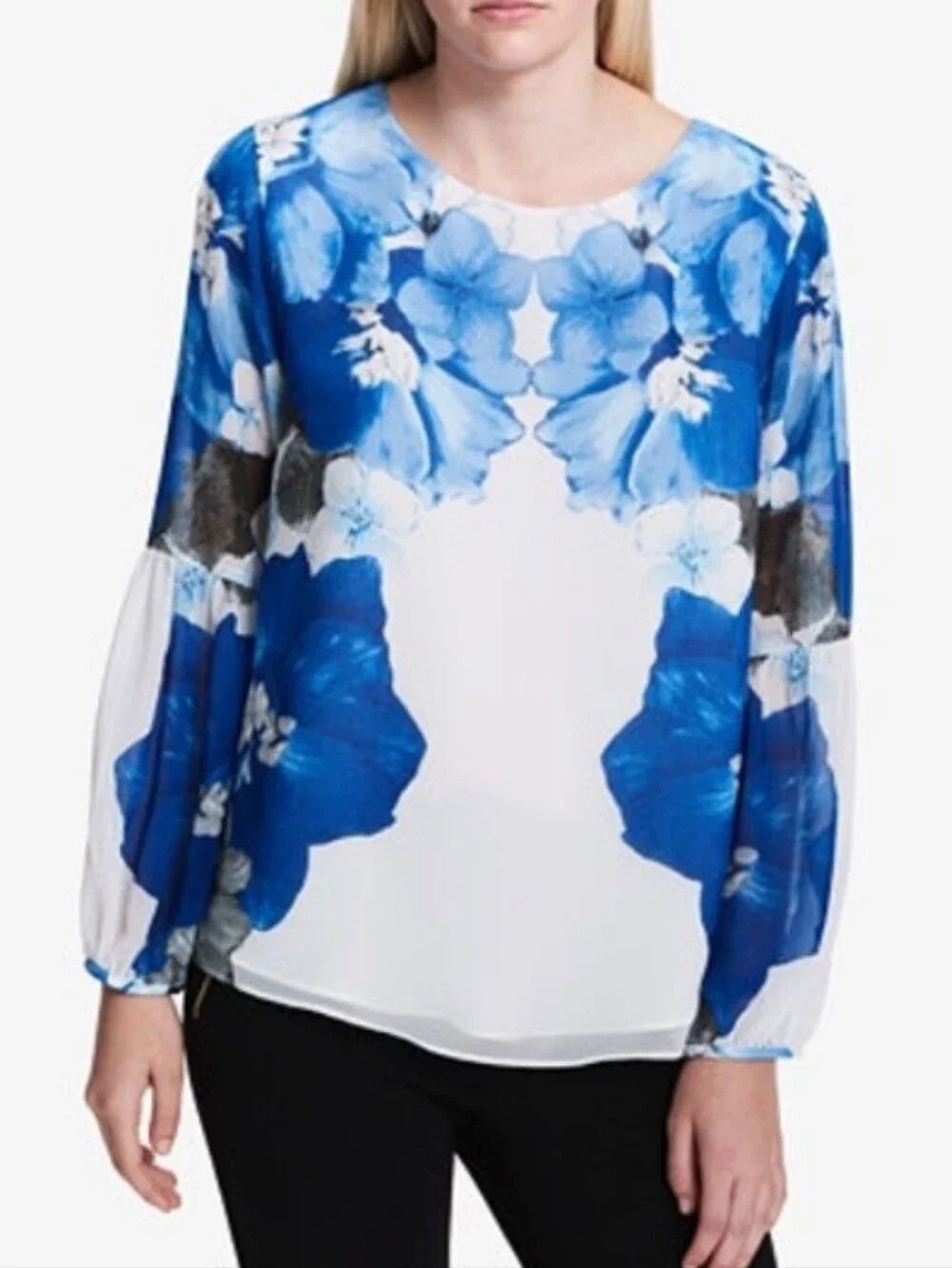 Calvin Kline Blue Floral Long-Sleeve Women's Blouse
